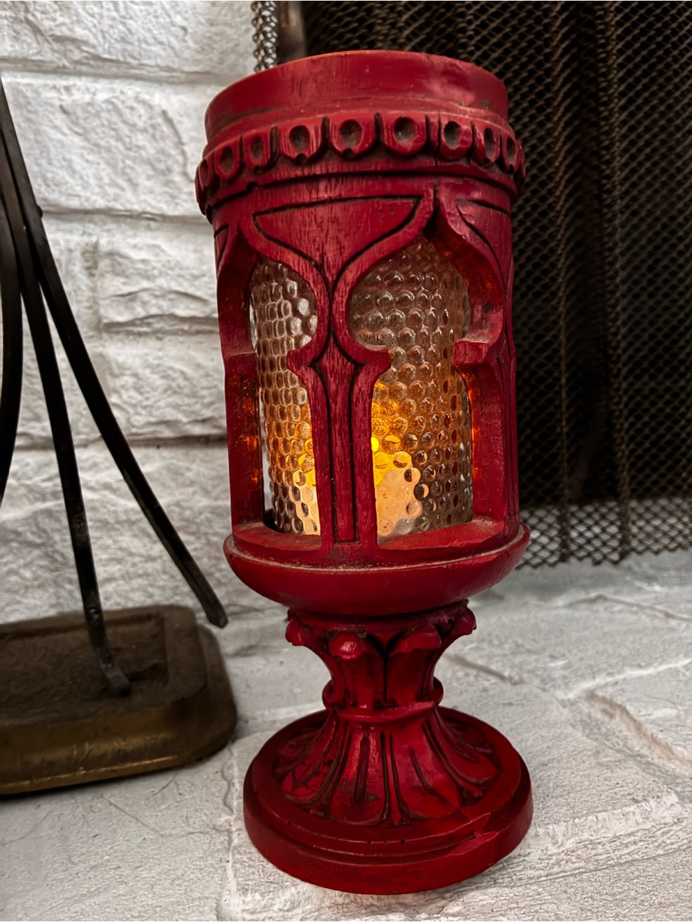 True Vintage 1970s Red Decorative Pedestal Candle Lantern - Unbranded